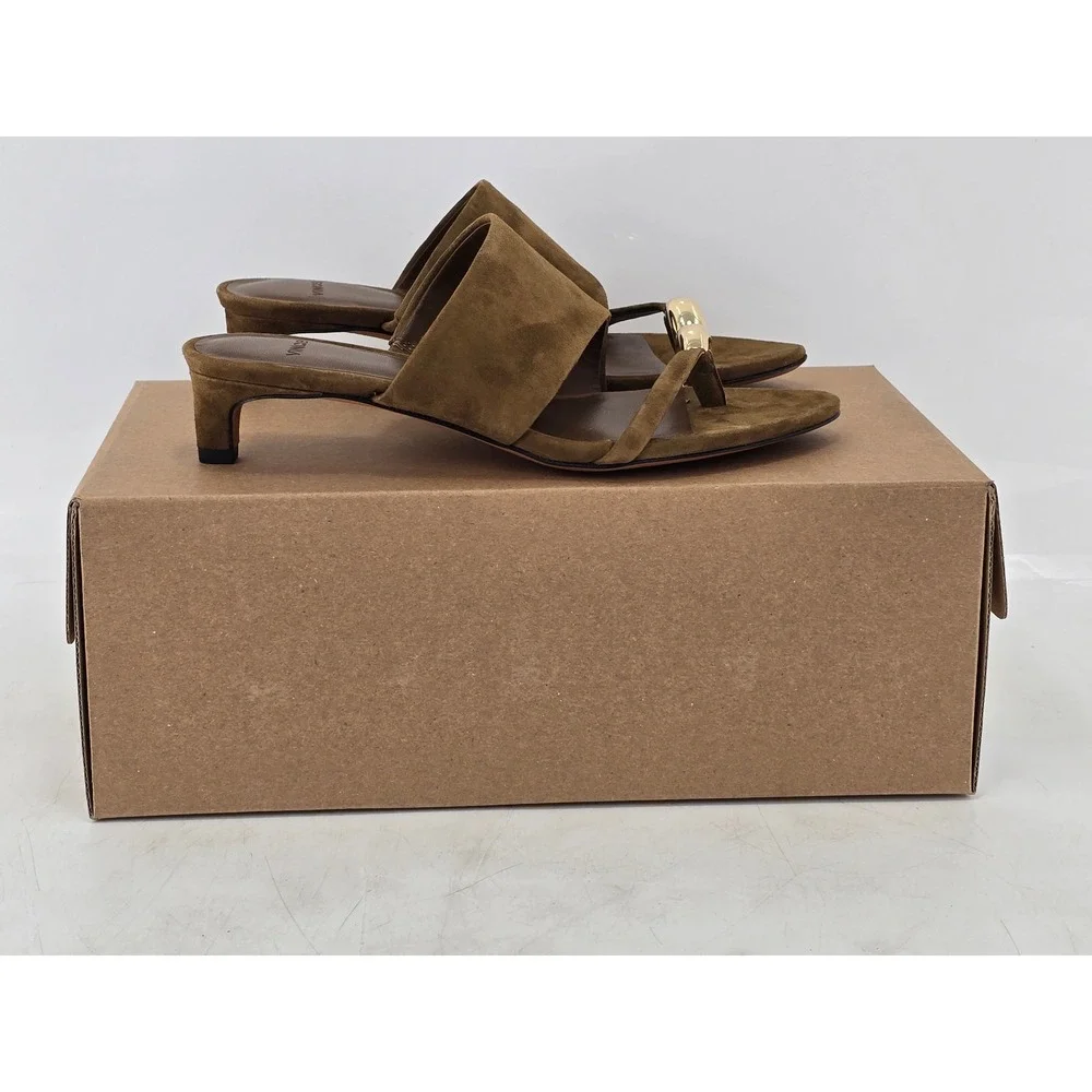 Vince Suzie Kitten Heel Sandals Womens 5 Olive Green Suede Toe Ring - NEW